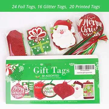 60 Christmas Gift Tags - Assorted Glitter & Foil Designs
