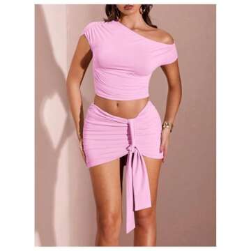 Milumia Women's 2 Pcs Set Asymmetric Neck Crop Top Ruched Tie Knot Decor Mini Skirt Pink X-Small