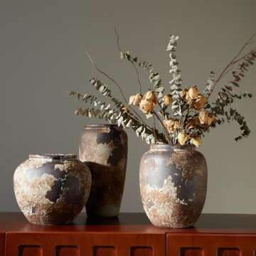 Smiletag Rustic Vase for Home Decor, Farmhouse Terracotta Vases, Stone Vases, Large Vases for Living Room Decor, Rustic Flower Vase Decoration for Living Room
