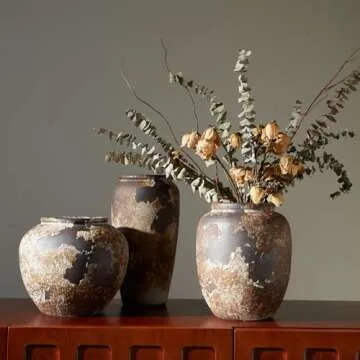 Smiletag Rustic Vase for Home Decor, Farmhouse Terracotta Vases, Stone Vases, Large Vases for Living Room Decor, Rustic Flower Vase Decoration for Living Room