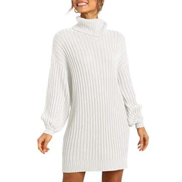 Prinbara Women Turtleneck Long Lantern Sleeve Casual Loose Oversized Sweater Dress Soft Winter Pullo...