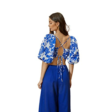 Floerns Women's Sweetheart Neck 3/4 Puff Sleeve Criss Cross Tie Back Blouse Crop Top Blue and White L