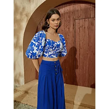 Floerns Women's Sweetheart Neck 3/4 Puff Sleeve Criss Cross Tie Back Blouse Crop Top Blue and White L