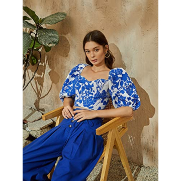 Floerns Women's Sweetheart Neck 3/4 Puff Sleeve Criss Cross Tie Back Blouse Crop Top Blue and White L