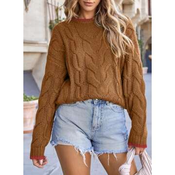 EVALESS Sweaters for Women Trendy Crewneck Long Sleeve Color Block Sweater Tops Fall 2024 Chunky Cable Knit Pullover Sweaters