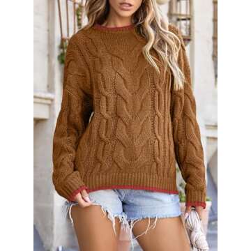 EVALESS Sweaters for Women Trendy Crewneck Long Sleeve Color Block Sweater Tops Fall 2024 Chunky Cable Knit Pullover Sweaters