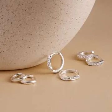 Inerney Sterling Silver Huggie Hoop Earrings Set for Women, Dainty 925 Small Cartilage Hoops for Multiple Piercing Hypoallergenic Jewelry, Trendy Twisted Cubic Zircon Earings for Women's Gifts