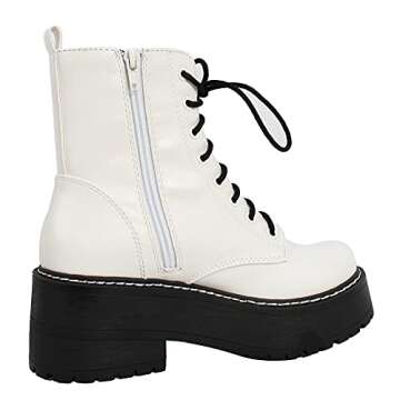 Soda Women's Lace Up Combat High Platform Ankle Boot, White, 8 M US