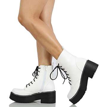 Soda Women's Lace Up Combat High Platform Ankle Boot, White, 8 M US