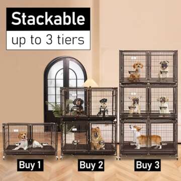 Homey Pet 43 Inch Metal Open Top Stackable Heavy Duty Dog Cage Kennel with Three Door, Floor Grid, Tray, Wheels, Divider and Feeding Bowl, Drop Dog Cages Indoor