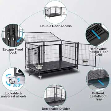 Homey Pet 43 Inch Metal Open Top Stackable Heavy Duty Dog Cage Kennel with Three Door, Floor Grid, Tray, Wheels, Divider and Feeding Bowl, Drop Dog Cages Indoor