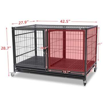 Homey Pet 43 Inch Metal Open Top Stackable Heavy Duty Dog Cage Kennel with Three Door, Floor Grid, Tray, Wheels, Divider and Feeding Bowl, Drop Dog Cages Indoor