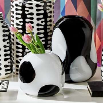 Two's Company Free Flow Murano Style Dot Art Glass Vase, Set of 2, Hand Blown Glass, Glass, Black and White, Home Decor Accessories, DLR123-S2