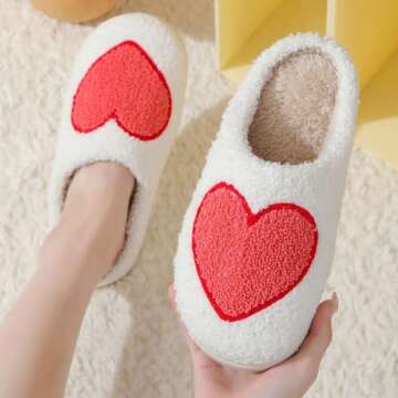 V OPXIN Love Heart Slippers for Women Men Cute Slippers Cozy Plush Warm Slip-on House Shoes for Indo...