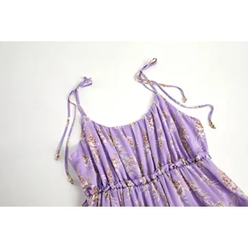 Loccysu Womens Floral Flowy Spaghetti Strap Sun Dress Summer Casual Sleeveless Tiered Ruffle Mini Sundress Purple