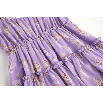 Loccysu Womens Floral Flowy Spaghetti Strap Sun Dress Summer Casual Sleeveless Tiered Ruffle Mini Sundress Purple