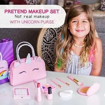 Pretend Play Makeup Kit for Little Girls with Unicorn Purse: Fake (Not Real) Make up Toy Set for Tod...