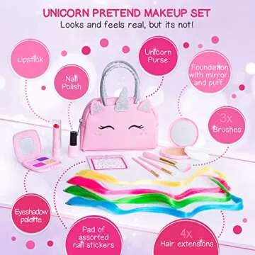 Pretend Play Makeup Kit for Little Girls with Unicorn Purse: Fake (Not Real) Make up Toy Set for Toddlers and Kids - Includes Hair and Nails Accessories, Baby Girl Toys Princess Toddler Gift Set