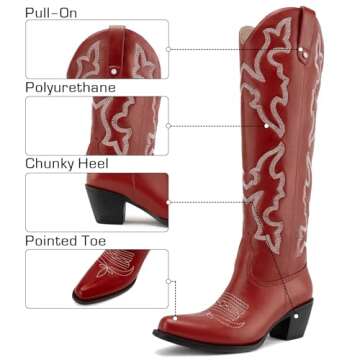 DREAMCIA Embroidered Western Boots for Women Cowboy Boots Wide Mid Calf Western Cowgirl Boots with Pointed Toe Chunky Heel Western Knee High Boots Red -7.5