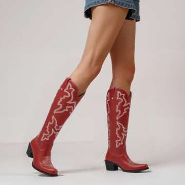 DREAMCIA Embroidered Western Boots for Women Cowboy Boots Wide Mid Calf Western Cowgirl Boots with Pointed Toe Chunky Heel Western Knee High Boots Red -7.5