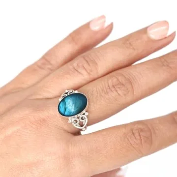 JEWELOPORIUM Gray Labradorite Silver Ring Size 9, 925 Sterling Silver Ring for Women, Natural Oval S...