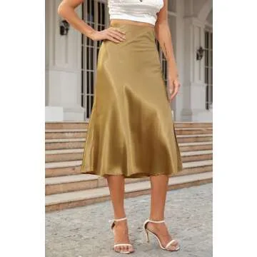 ALCEA ROSEA Womens Silky Satin Midi Skirt High Waist Elastic Waist A Line Flared Skirt with Slit (Rich Golden, L)
