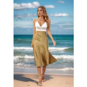 ALCEA ROSEA Womens Silky Satin Midi Skirt High Waist Elastic Waist A Line Flared Skirt with Slit (Rich Golden, L)