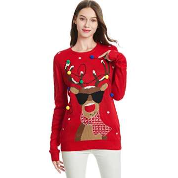 *daisysboutique* Women's Christmas Sweater Reindeer Rudolph Knitted Holiday Tacky Pullover (Large, Lighting-smartdeer)