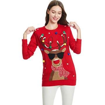 *daisysboutique* Women's Christmas Sweater Reindeer Rudolph Knitted Holiday Tacky Pullover (Large, Lighting-smartdeer)