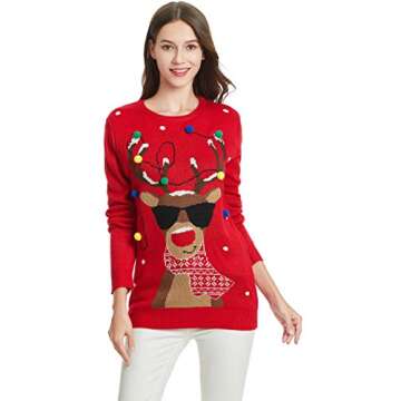 *daisysboutique* Women's Christmas Sweater Reindeer Rudolph Knitted Holiday Tacky Pullover (Large, Lighting-smartdeer)