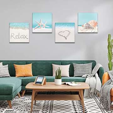 OTOSTAR 4 Pieces Wall Art Canvas Prints - Seashell Starfish and Beach Picture Painting - Modern Wall...