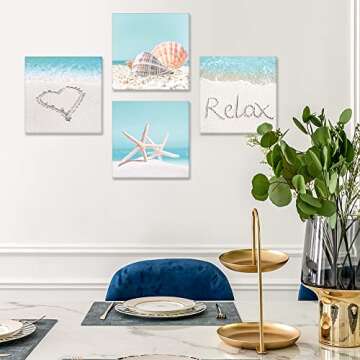 OTOSTAR 4 Pieces Wall Art Canvas Prints - Seashell Starfish and Beach Picture Painting - Modern Wall Artwork Framed for Gifts Bathroom Home Kitchen Office Decor - 12 x 12 Inch