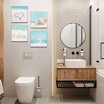 OTOSTAR 4 Pieces Wall Art Canvas Prints - Seashell Starfish and Beach Picture Painting - Modern Wall Artwork Framed for Gifts Bathroom Home Kitchen Office Decor - 12 x 12 Inch