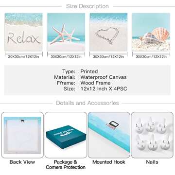 OTOSTAR 4 Pieces Wall Art Canvas Prints - Seashell Starfish and Beach Picture Painting - Modern Wall Artwork Framed for Gifts Bathroom Home Kitchen Office Decor - 12 x 12 Inch