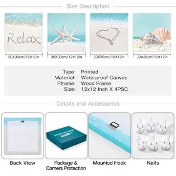 OTOSTAR 4 Pieces Wall Art Canvas Prints - Seashell Starfish and Beach Picture Painting - Modern Wall Artwork Framed for Gifts Bathroom Home Kitchen Office Decor - 12 x 12 Inch
