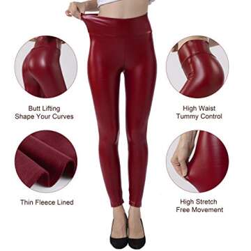 Tagoo Women's Stretchy Faux Leather Leggings Pants, Sexy Red High Waisted Tights