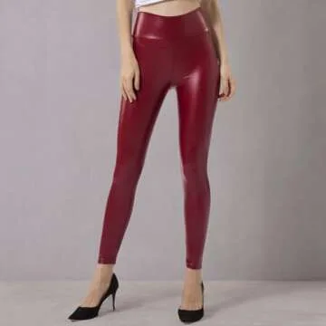 Tagoo Women's Stretchy Faux Leather Leggings Pants, Sexy Red High Waisted Tights