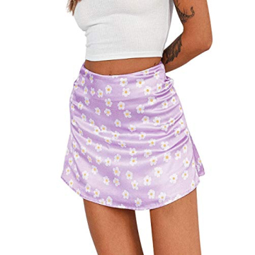 Womens High Waisted Floral Print Mini Skirt, Summer Casual Satin Double Layer A Line Dress Flared Sh...