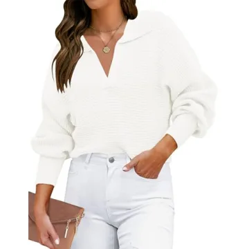 ZESICA Women's 2024 Fall Lapel Collar V Neck Long Sleeve Ribbed Knit Comfy Loose Casual Pullover Swe...