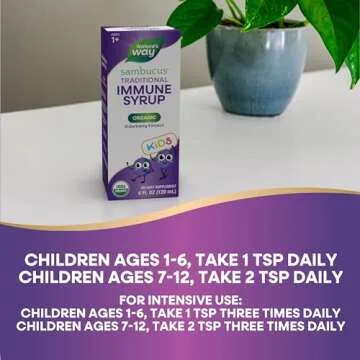 Nature's Way Sambucus Elderberry Traditional Immune Syrup for Ages 1+, Traditional Immune Support*, Antioxidant Support*, Black Elderberry Extract, USDA Certified Organic, 4 Fl Oz (Packaging May Vary)