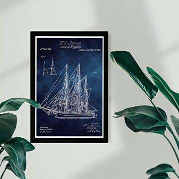 Wynwood Studio Transportation Framed Wall Art Prints 'Sail and Rigging 1864 Chalkboard' Boats and Yachts Home Décor, 13" x 19", Blue, White