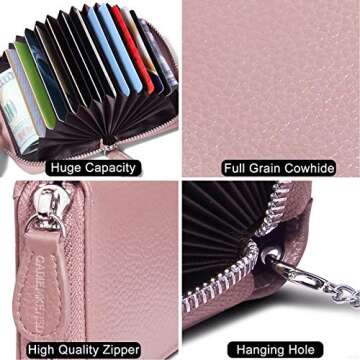 GADIEMKENSD Women Credit Card Holder Small Rfid Wallet Zipper Genuine Leather Accordion Wallets Case for Men id Compact Slim Zip 12 Individual Credit Card Slots And 2 Cash Slots Pink