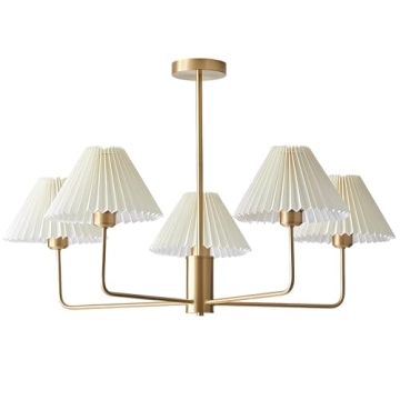 KCO Lighting 5-Lights White Pleated Fabric Pendant Light Mid Century Modern Brushed Gold Sputnik Cha...
