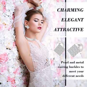 Junkin 4 Pieces Women Rhinestone Crystal Jewelry Set Triangle Bling Evening Clutch Bag Rhinestone Pearl Ear Stud Bridal Wedding Choker Bracelet for Women Girl Party Wedding(Silver)