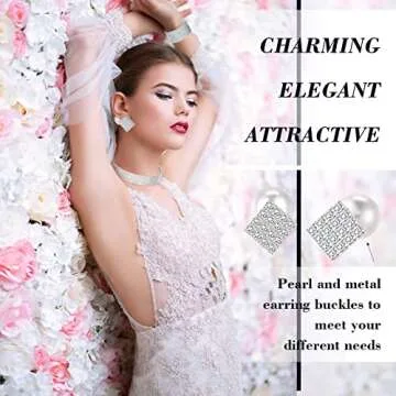 Junkin 4 Pieces Women Rhinestone Crystal Jewelry Set Triangle Bling Evening Clutch Bag Rhinestone Pearl Ear Stud Bridal Wedding Choker Bracelet for Women Girl Party Wedding(Silver)