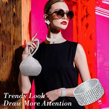 Junkin 4 Pieces Women Rhinestone Crystal Jewelry Set Triangle Bling Evening Clutch Bag Rhinestone Pearl Ear Stud Bridal Wedding Choker Bracelet for Women Girl Party Wedding(Silver)