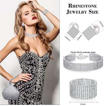 Junkin 4 Pieces Women Rhinestone Crystal Jewelry Set Triangle Bling Evening Clutch Bag Rhinestone Pearl Ear Stud Bridal Wedding Choker Bracelet for Women Girl Party Wedding(Silver)