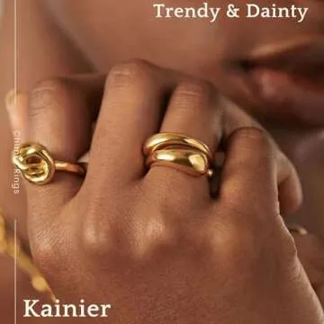 Kainier 2PCS Gold Chunky Rings for Women 14K Gold Plated Dainty Rings High Polish Statement Band Cla...