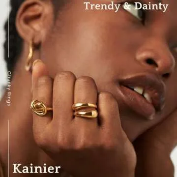 Kainier 2PCS Gold Chunky Rings for Women 14K Gold Plated Dainty Rings High Polish Statement Band Classic Double Ring Comfort Fit Size 5 to 10 (8, Double Ring)