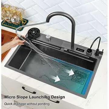 Kitchen Sink, 304 Stainless Steel Nano Raindance Waterfall Sink, with Pull-Out Faucet Single Bowl Bi...